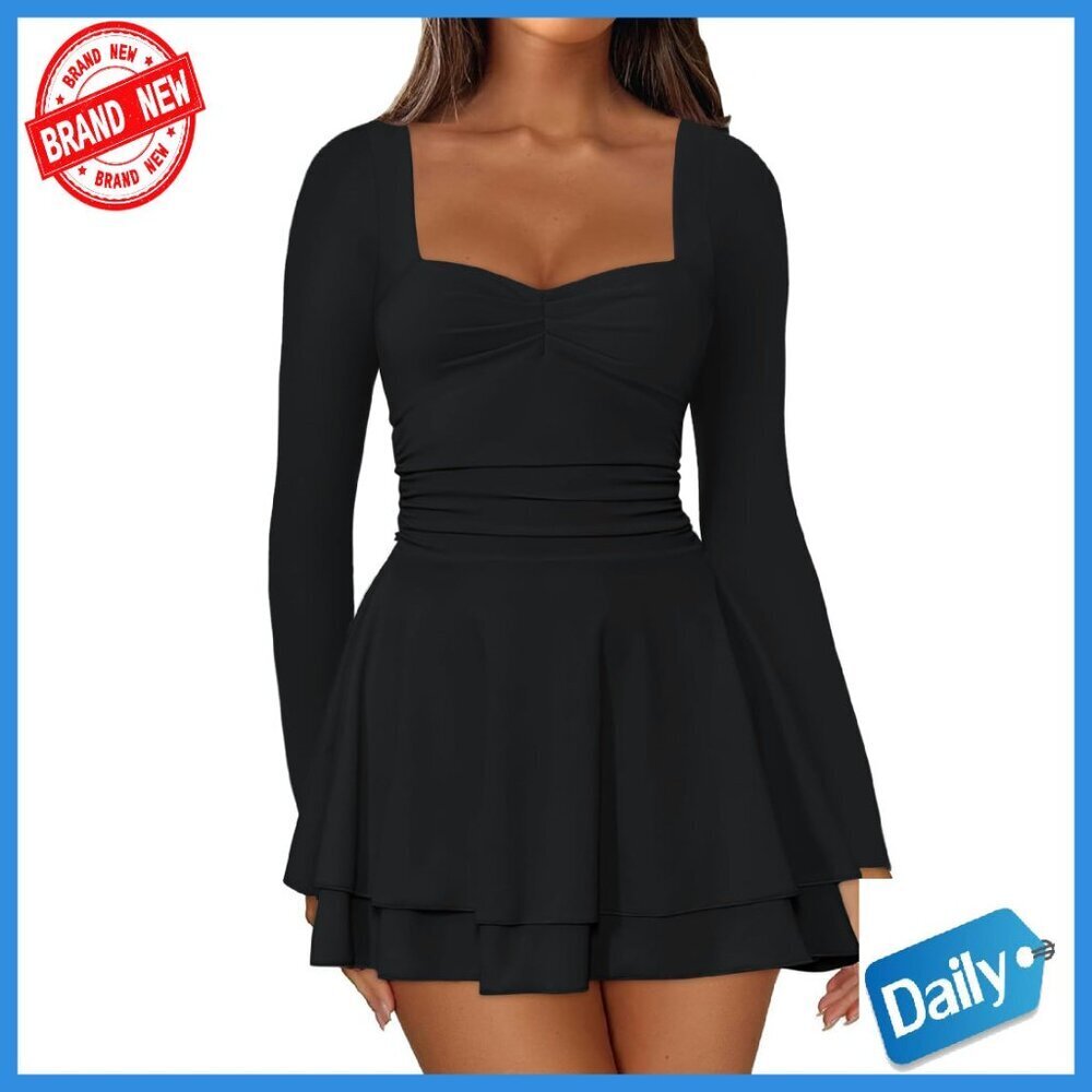 Long Sleeve Mini Dress Ruched Corset Waist Tiered Ruffle Hem Party